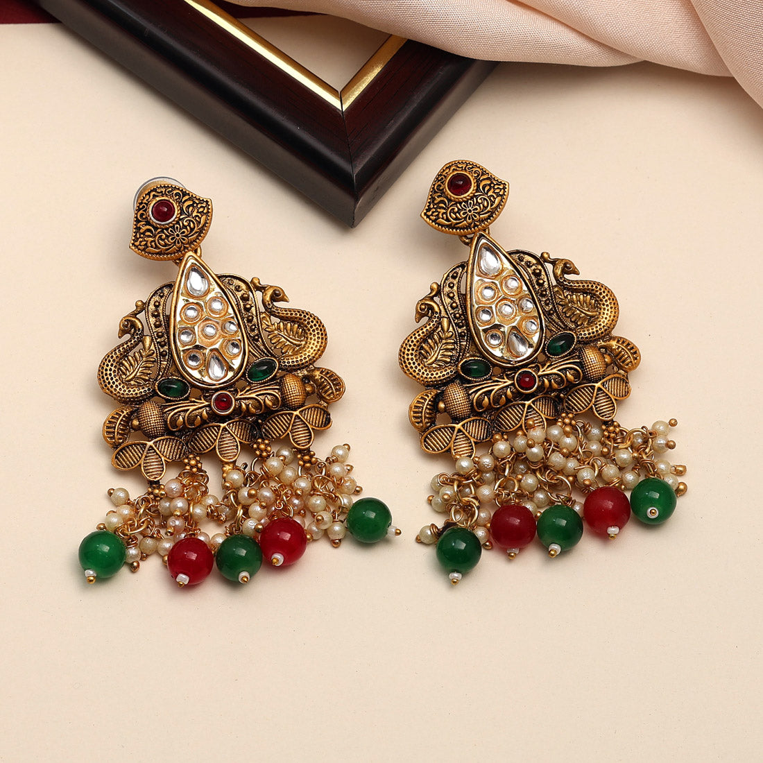 maroon & green color kundan earrings (kde704mg)