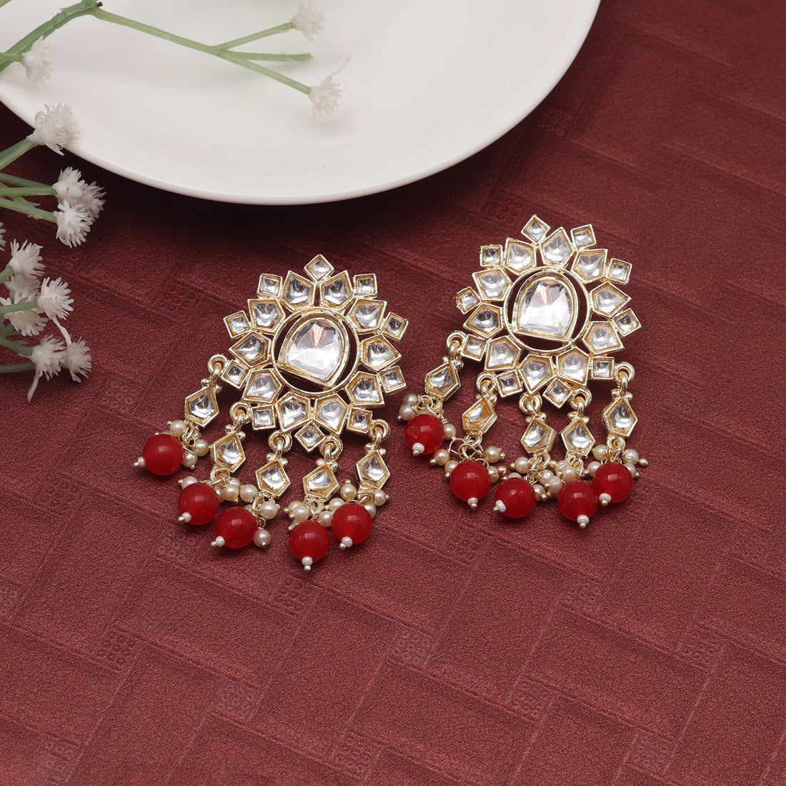 red color kundan earrings (kde796red)