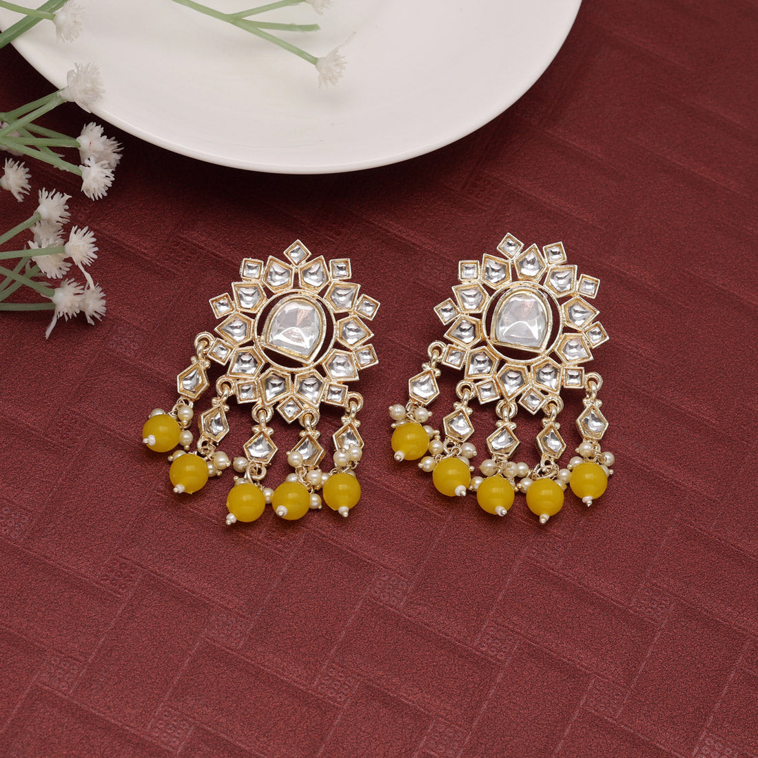 yellow color kundan earrings (kde796ylw)