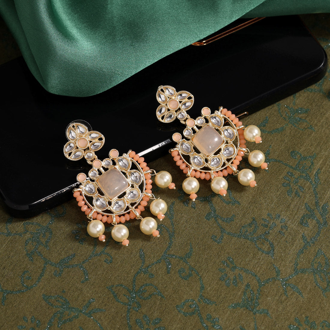 peach color kundan earrings (kde805pch)
