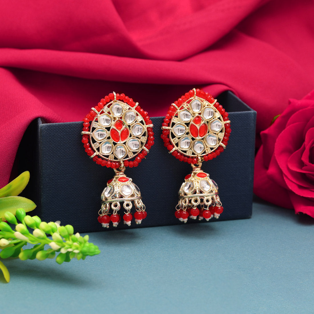 red color kundan earrings (kde829red)