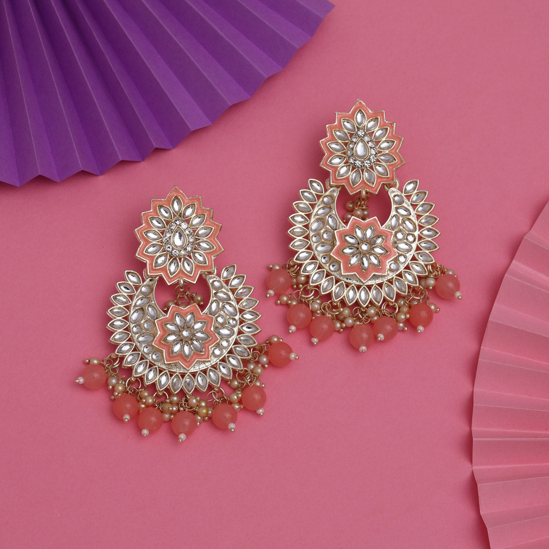 peach color kundan meena earrings (kde835pch)