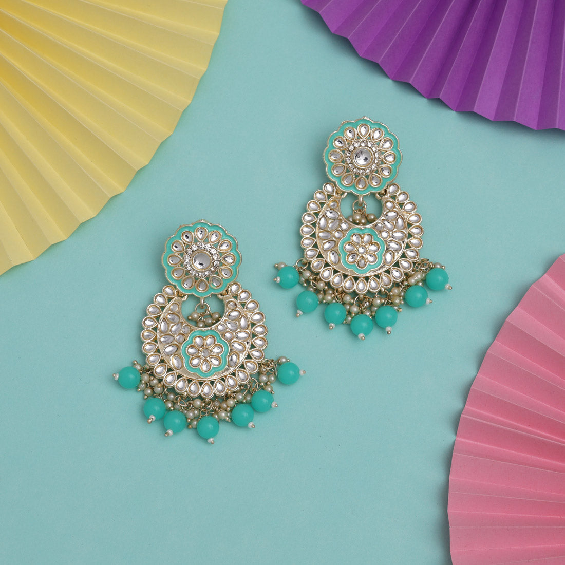 rama green color kundan meena earrings (kde836rgrn)