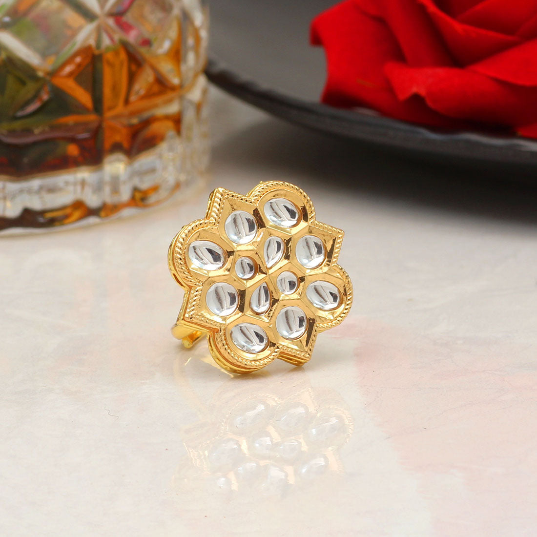 white color kundan ring for women (kdr118wht)