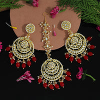 Thumbnail for red color kundan earrings with maang tikka (kdte464red)