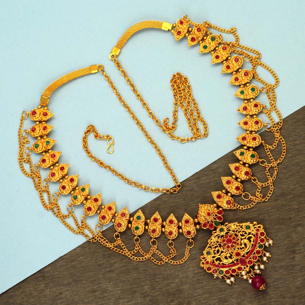 maroon & green color glass stone kamarband (kmbnd238mg)