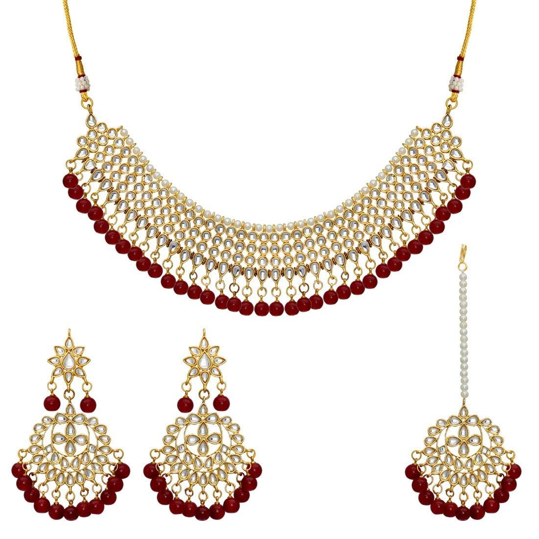 partywear collection maroon color imitation pearl kundan necklace with earring & maang tikka (kn100mrn)