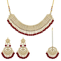 Thumbnail for partywear collection maroon color imitation pearl kundan necklace with earring & maang tikka (kn100mrn)