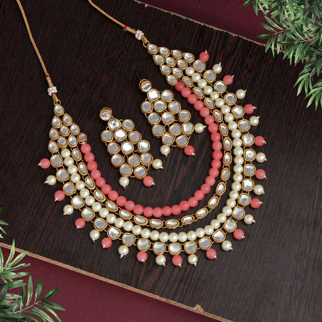 dark peach color kundan necklace set (kn1031dpch)