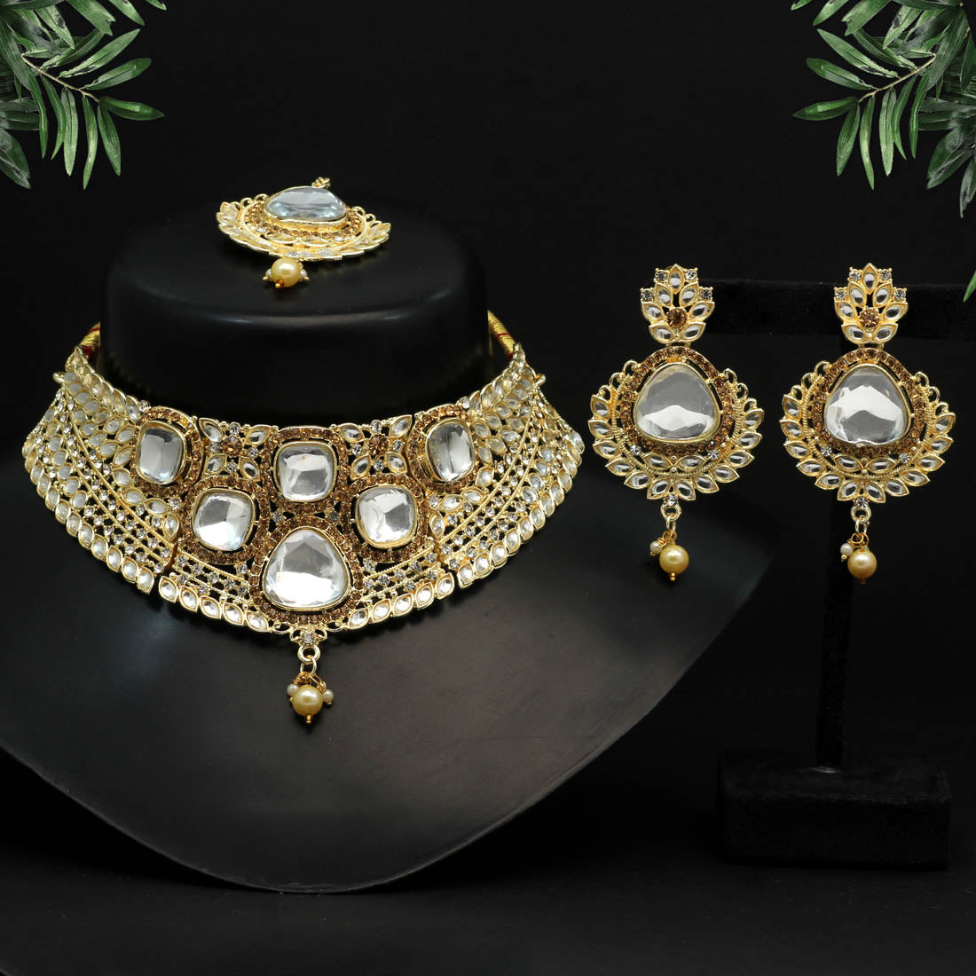 gold color choker kundan necklace set (kn1124gld)