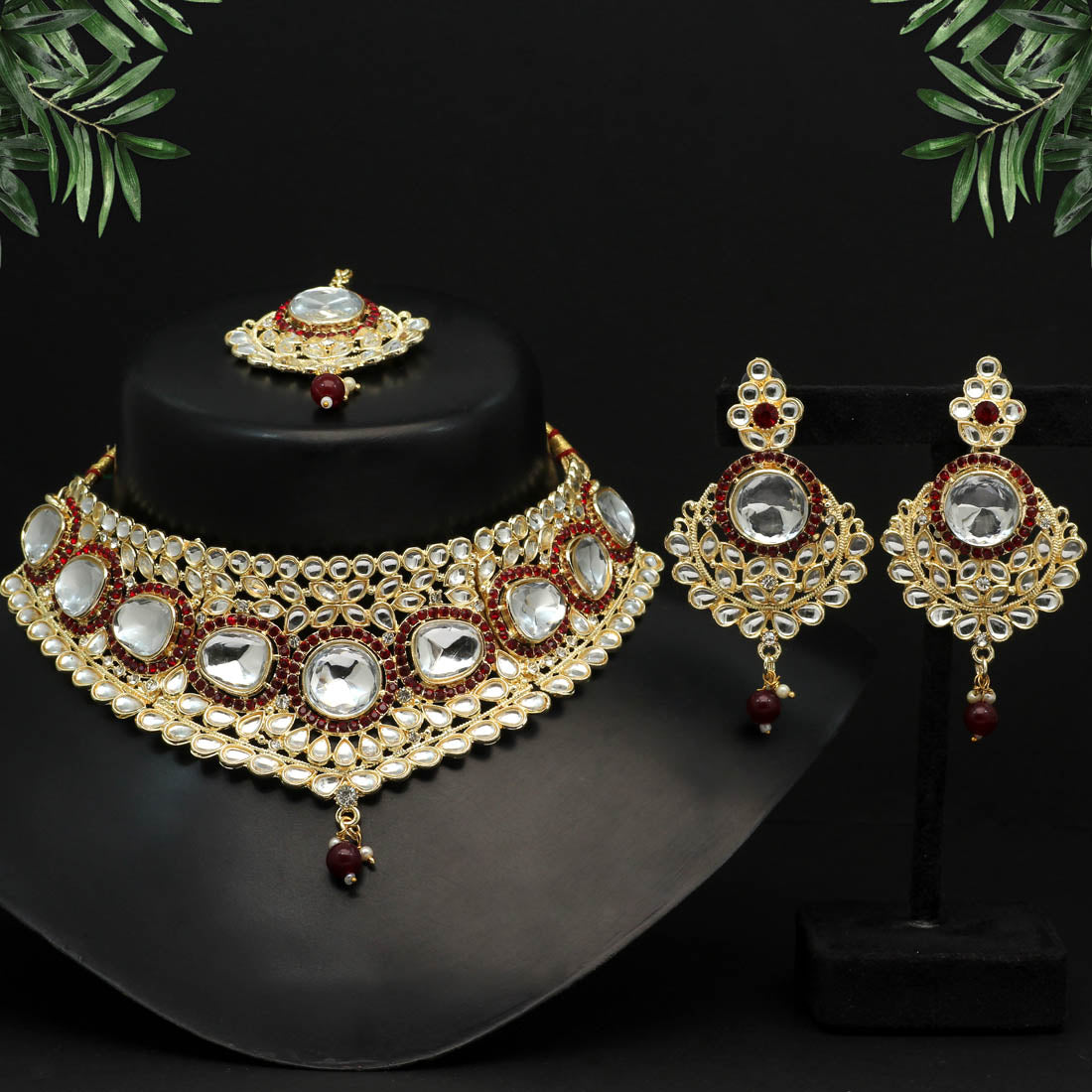 maroon color choker kundan necklace set (kn1126mrn)