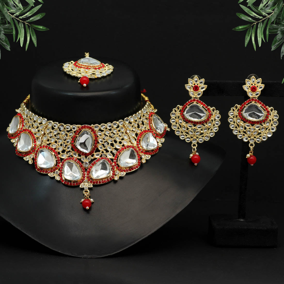 red color choker kundan necklace set (kn1127red)