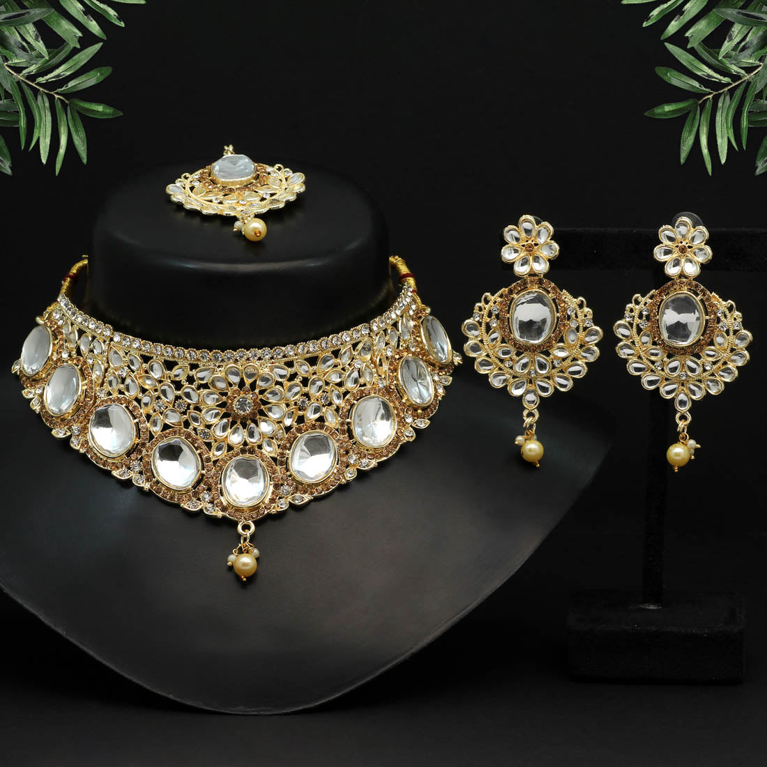 gold color choker kundan necklace set (kn1128gld)