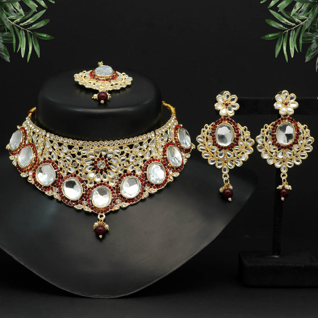 maroon color choker kundan necklace set (kn1128mrn)
