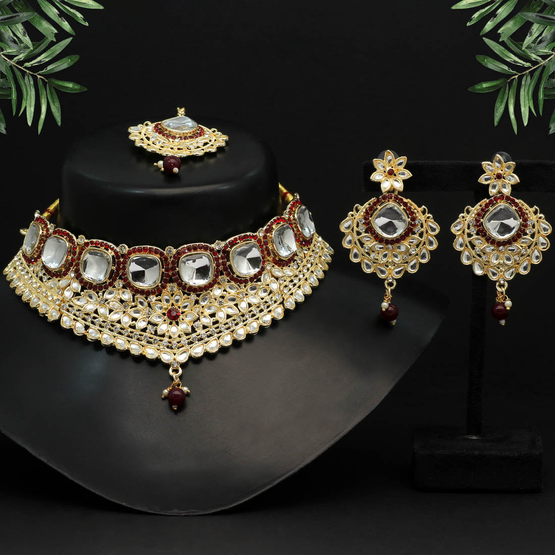 maroon color choker kundan necklace set (kn1129mrn)