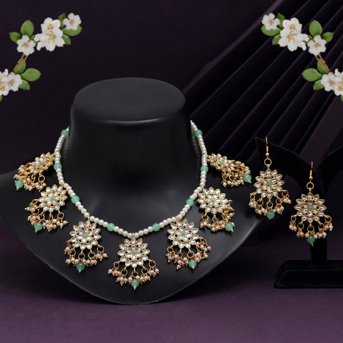 pista green color kundan necklace set (kn1346pgrn)