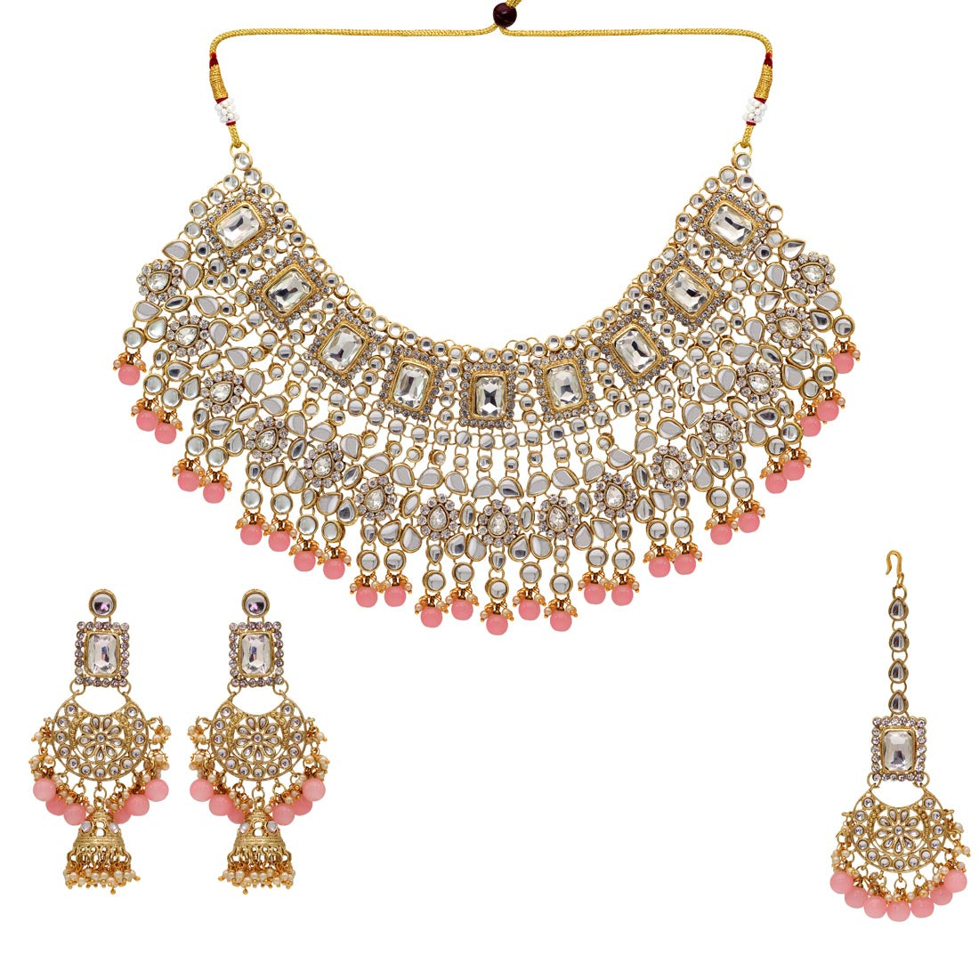 peach color kundan necklace with earrings & maang tikka (kn222pch)