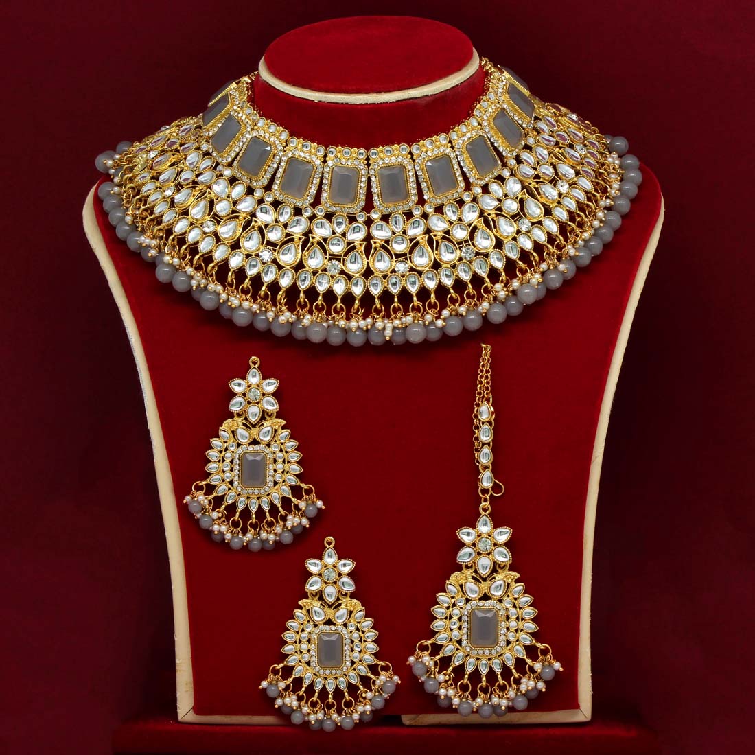grey color kundan choker necklace set (kn886gry)