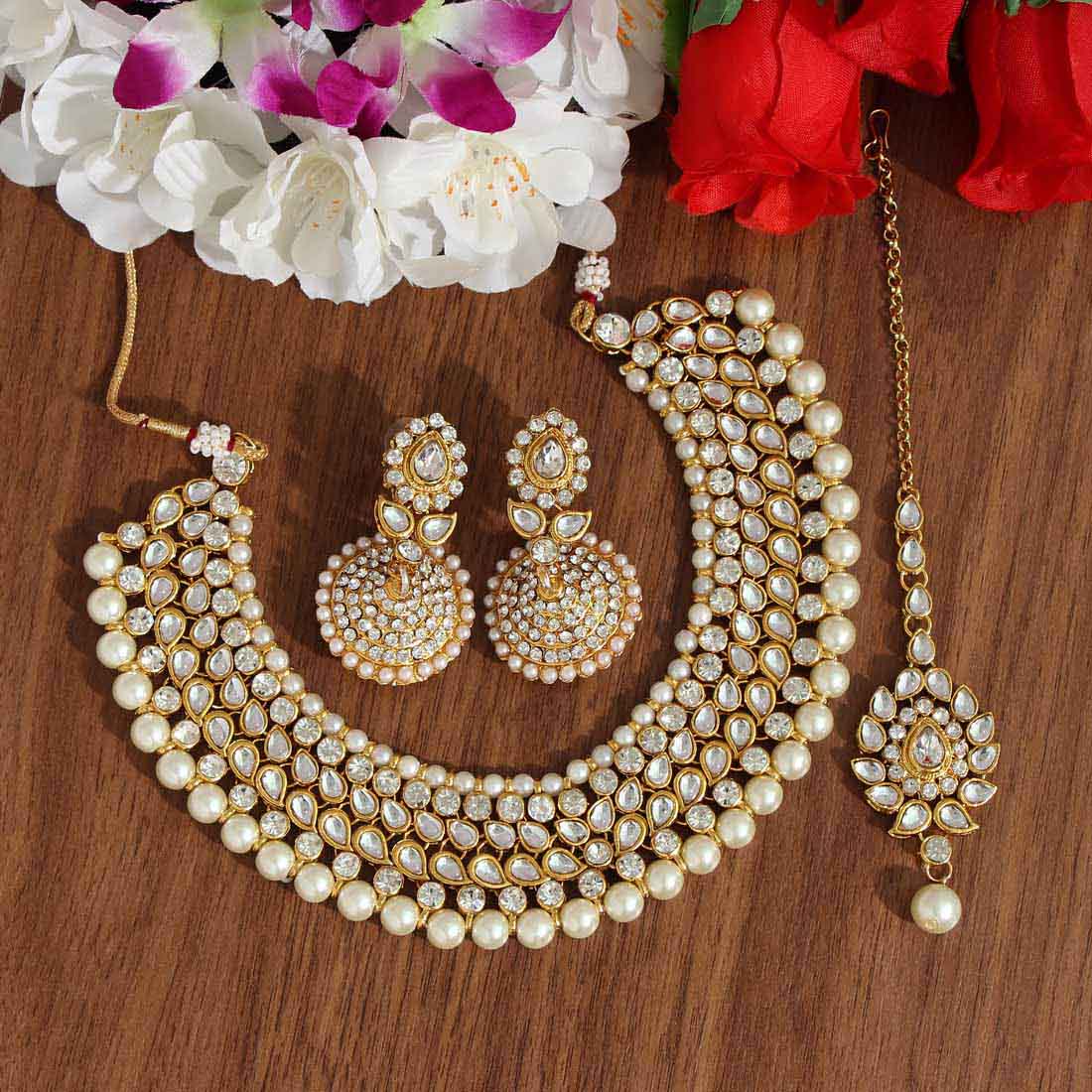 white color kundan necklace set (kn995wht)