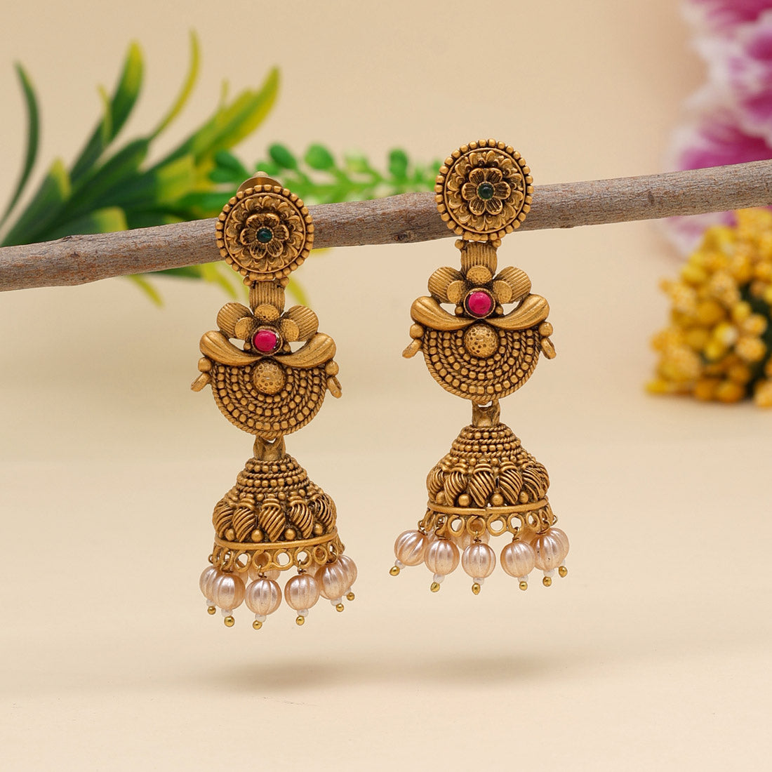 rani & green color matte gold earrings (mge229rnigrn)