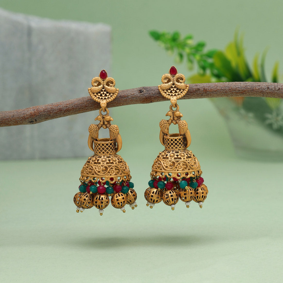 rani & green color matte gold earrings (mge246rnigrn)