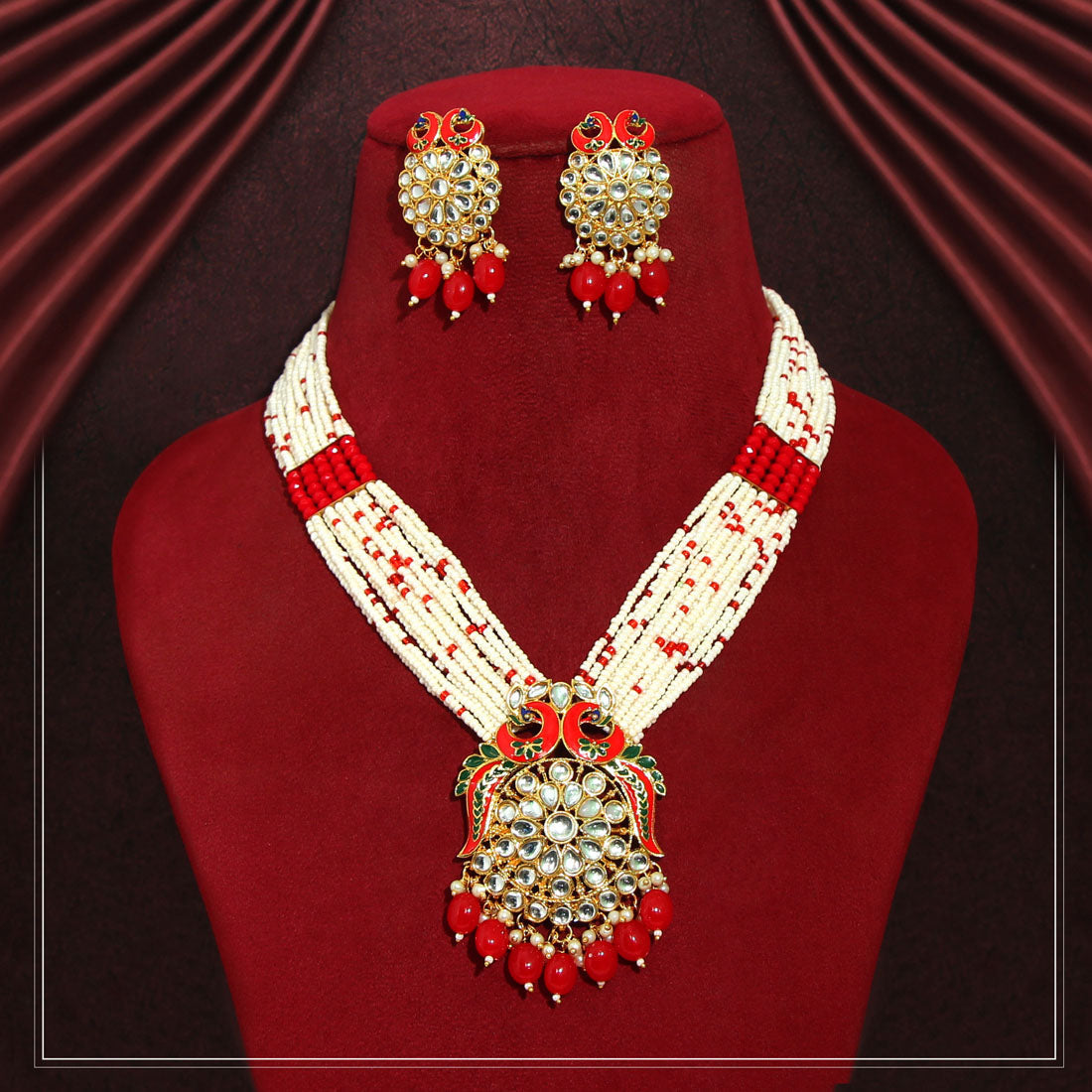 red color long meenakari necklace set (mkn449red)
