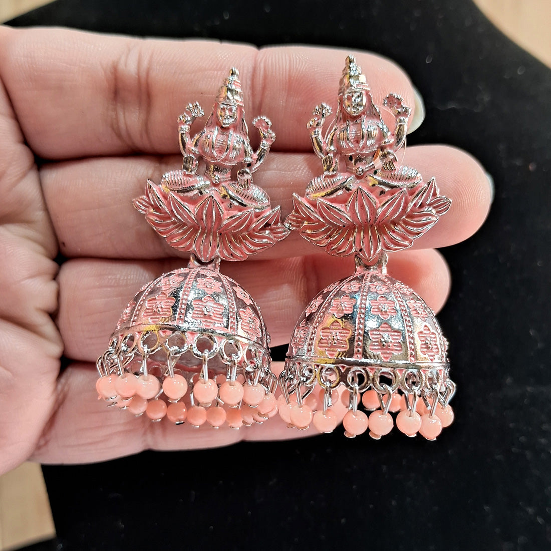 peach color goddess laxmi temple mint meena earrings (mnte469pch)