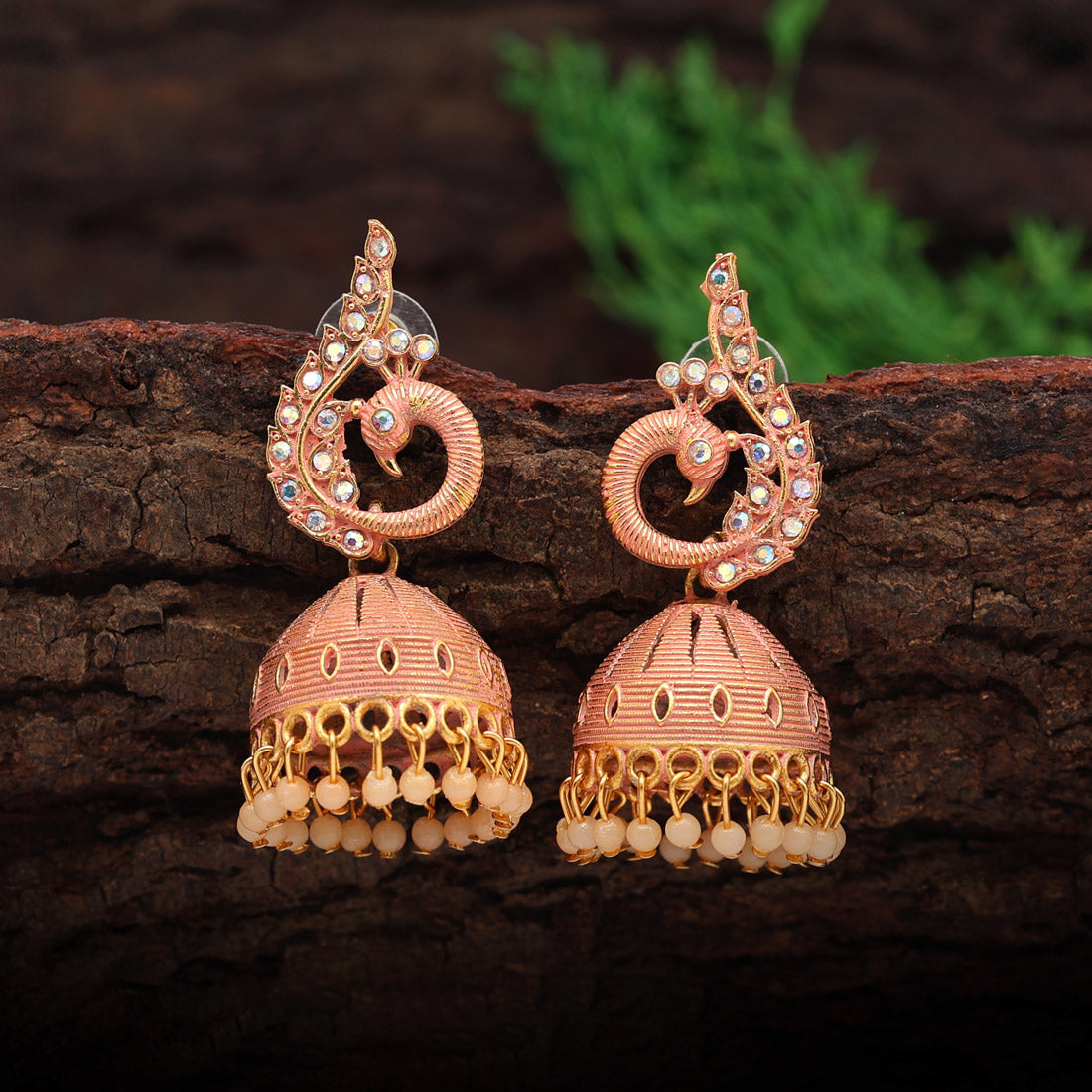 peach color peacock inspired mint meena earrings (mnte473pch)