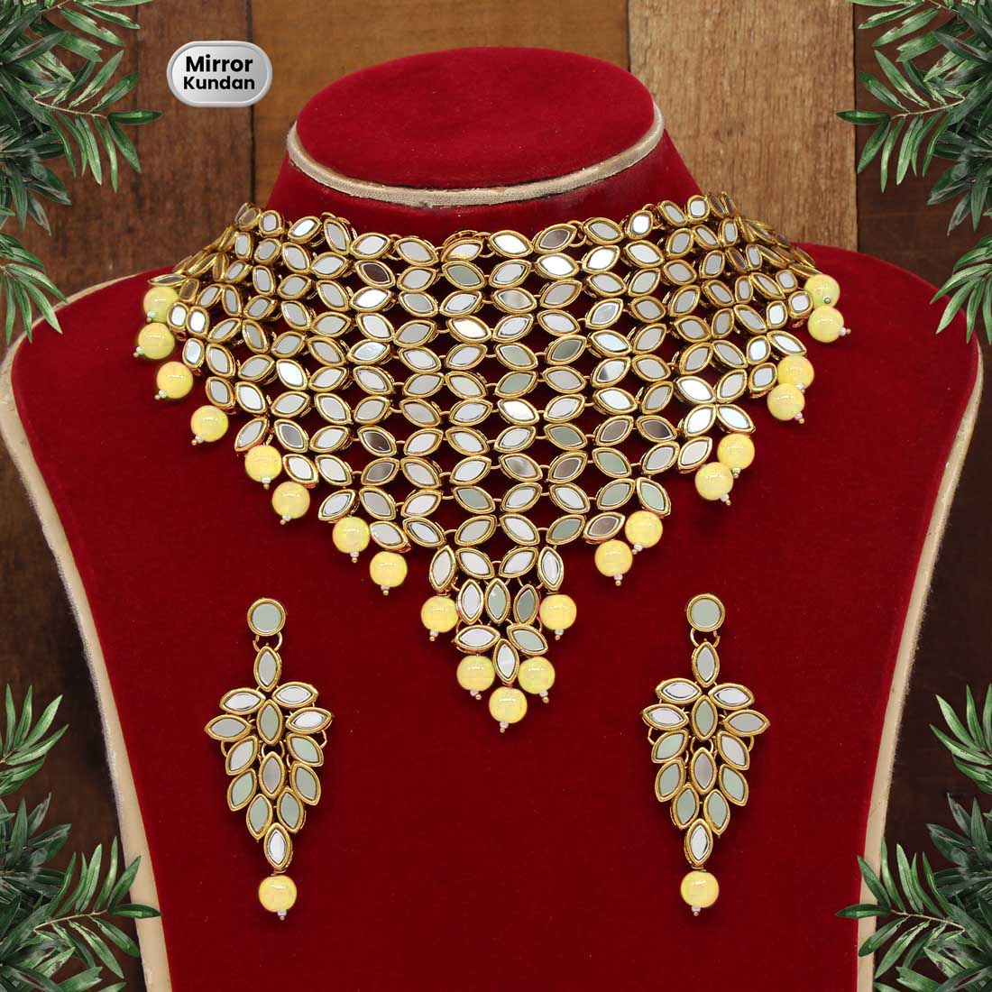 lemon yellow color kundan mirror necklaces set (mrn101lylw)
