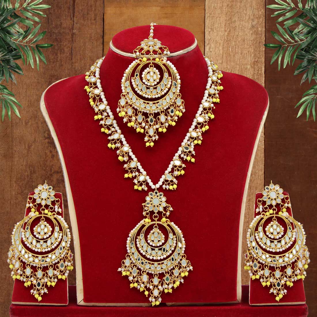 yellow color kundan mirror necklaces set (mrn107ylw)