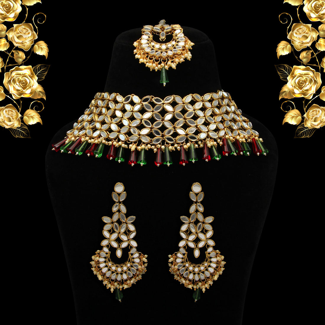 maroon & green color kundan mirror necklaces set (mrn108mg)
