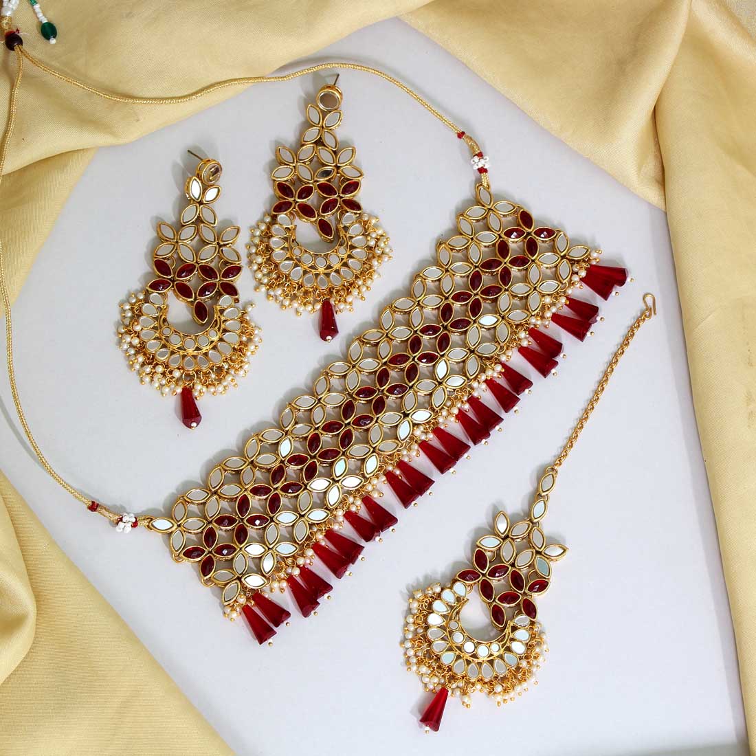 maroon color kundan mirror choker necklace set (mrn108mrn)