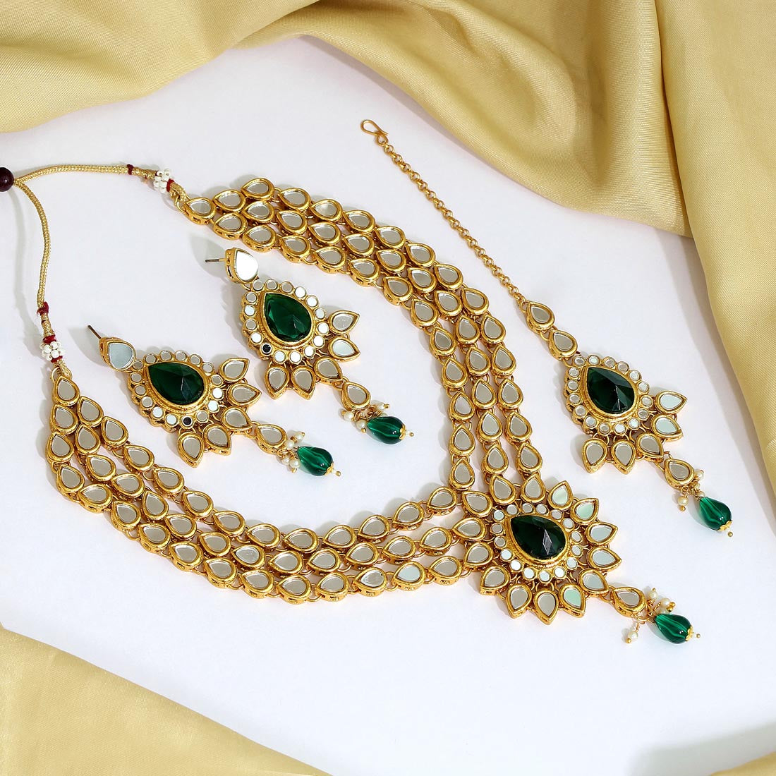 green color kundan mirror necklaces set (mrn112grn)