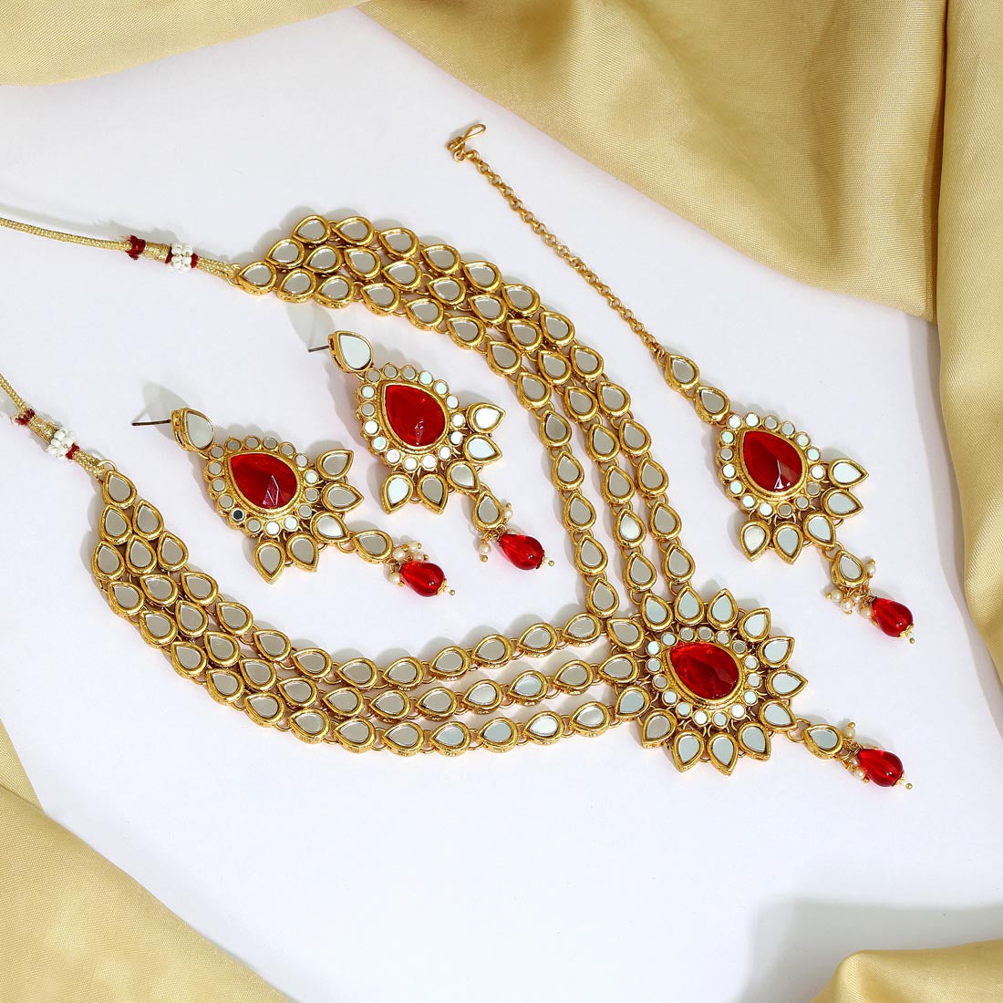 red color kundan mirror necklaces set (mrn112red)