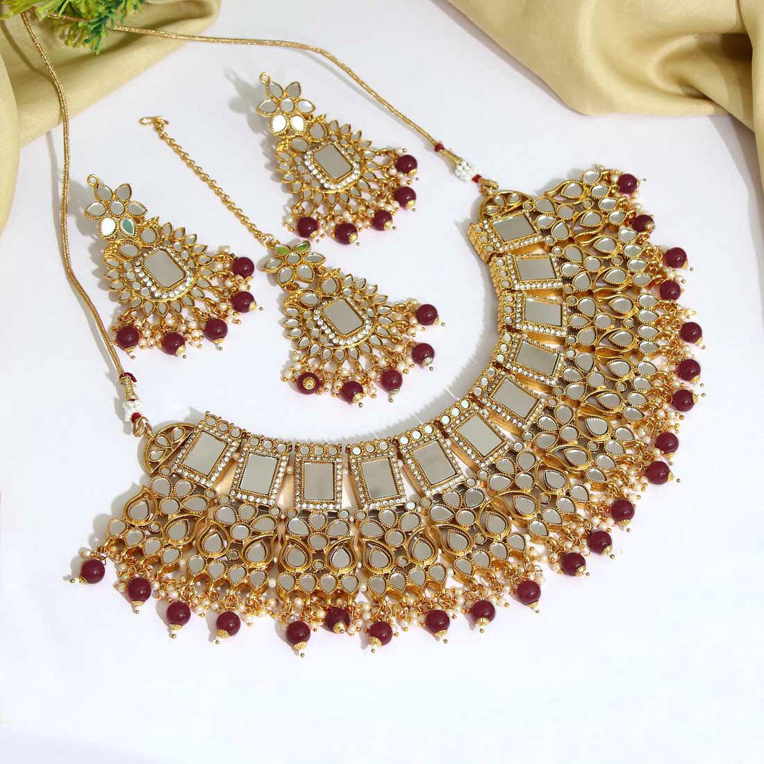 maroon color kundan mirror necklace set (mrn116mrn)