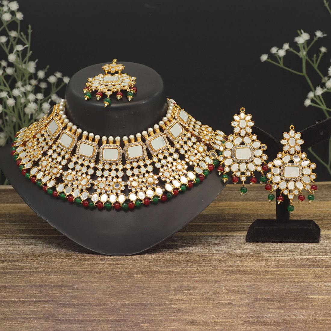 maroon & green color kundan mirror necklaces set (mrn117mg)
