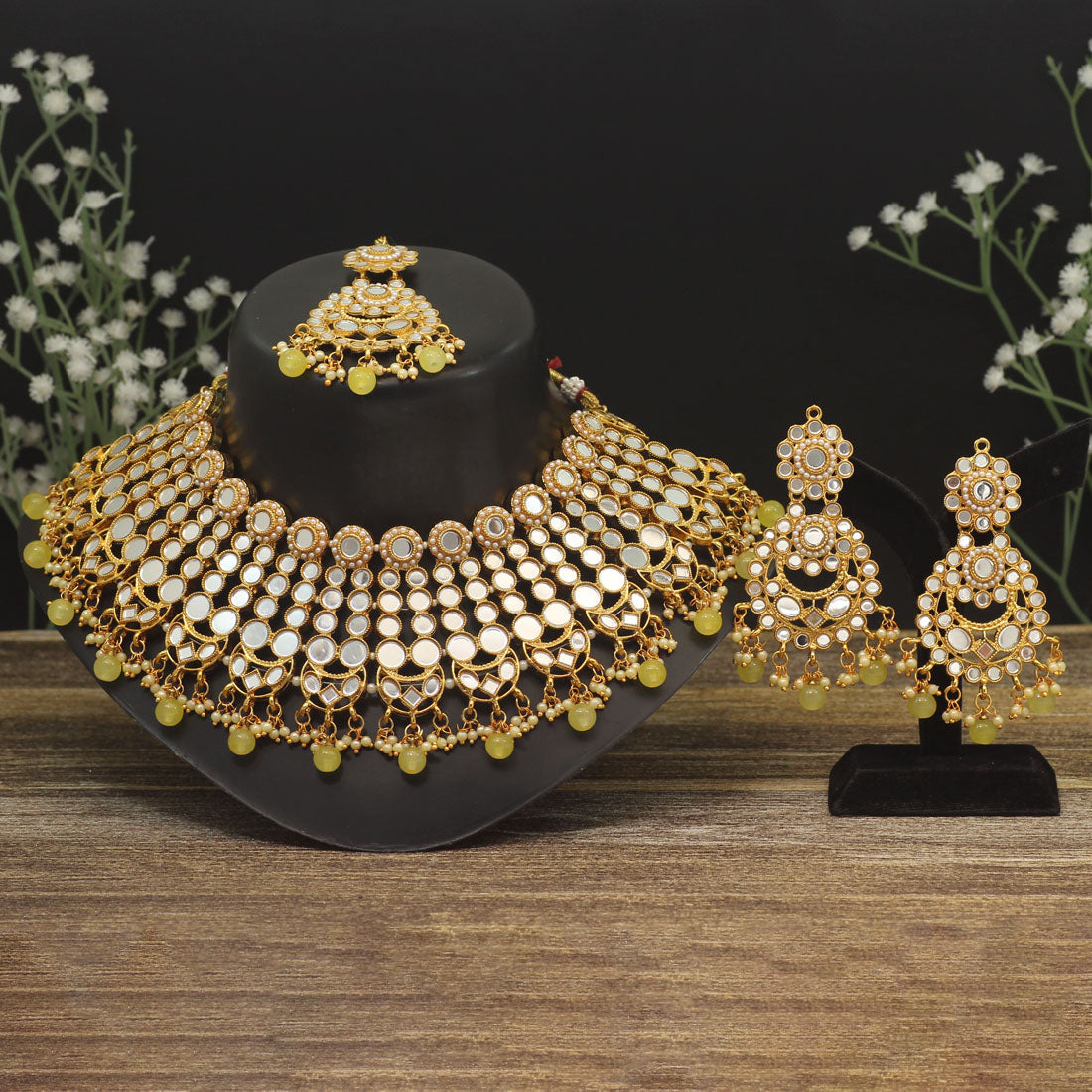 lemon yellow color kundan mirror necklaces set (mrn118lylw)