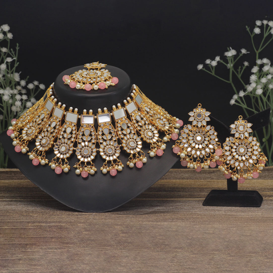 pink color kundan mirror necklaces set (mrn119pnk)