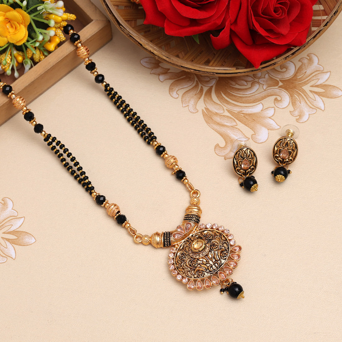 gold color long mangalsutra with earrings (ms316gld)