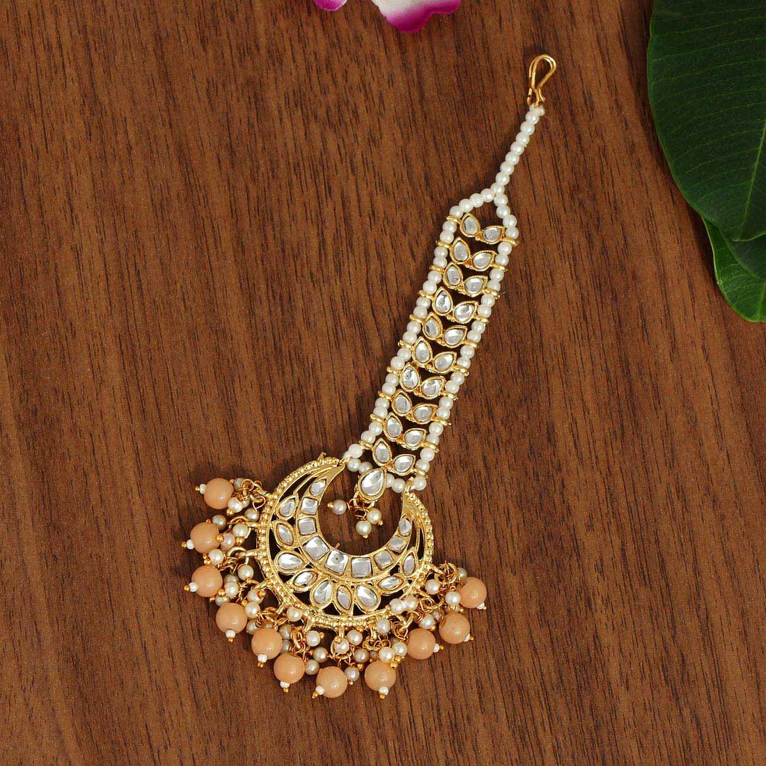 peach color kundan maang tikka (mtk439pch)