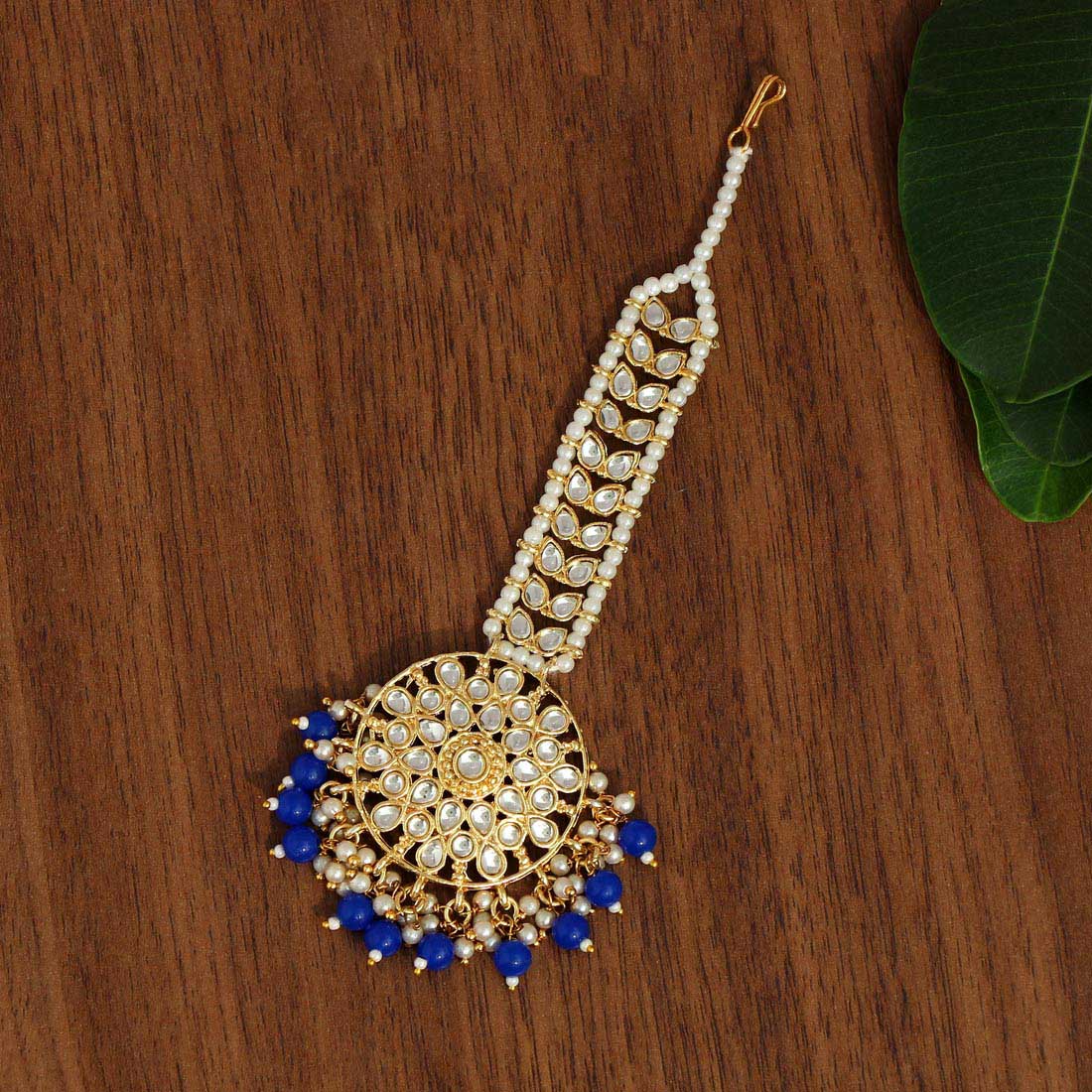 blue color kundan maang tikka (mtk440blu)