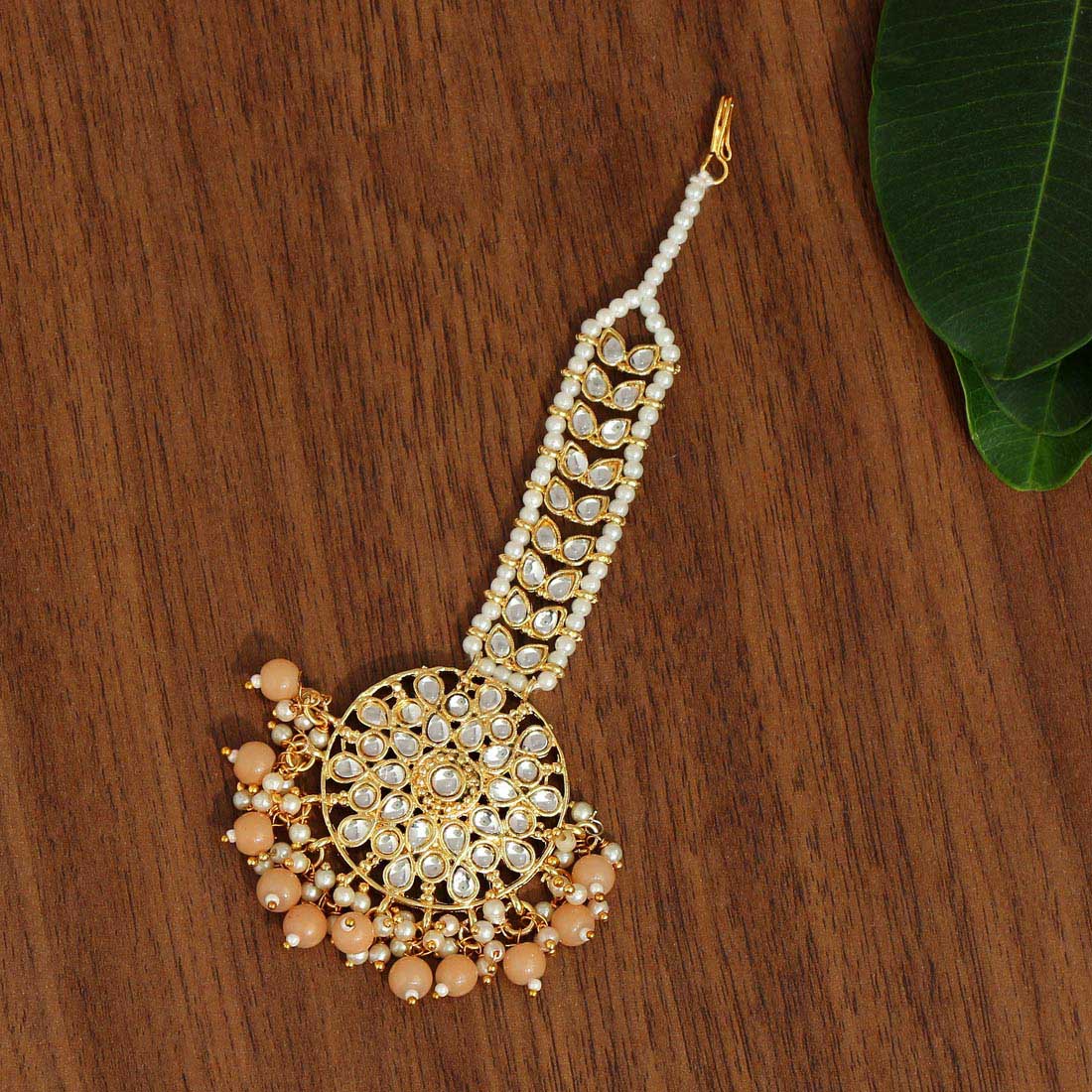 peach color kundan maang tikka (mtk440pch)