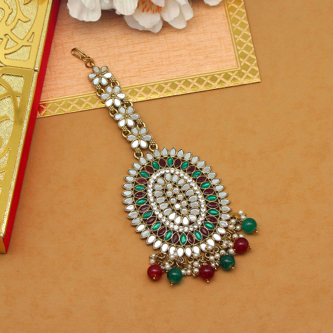 maroon & green color mirror work maang tikka (mtk539mg)