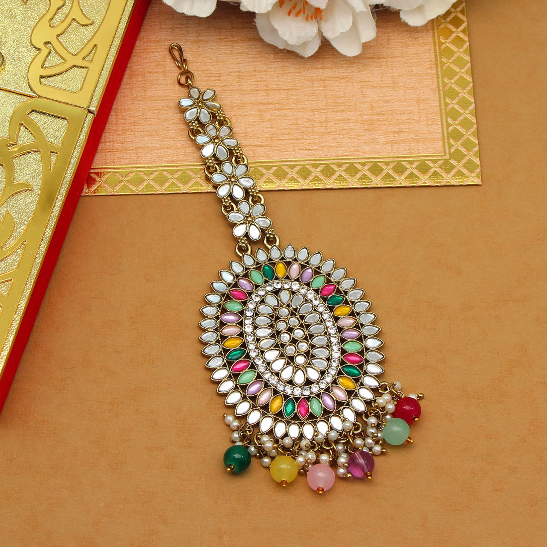 multi color mirror work maang tikka (mtk539mlt)