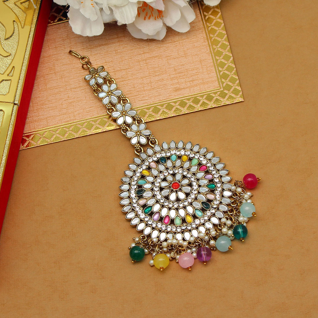 multi color mirror work maang tikka (mtk540mlt)