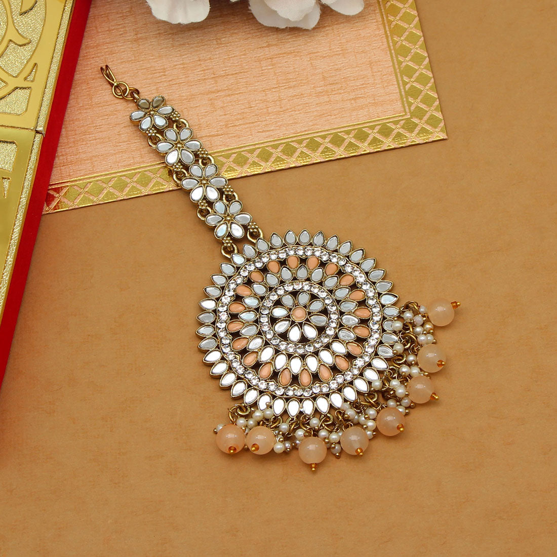 peach color mirror work maang tikka (mtk540pch)