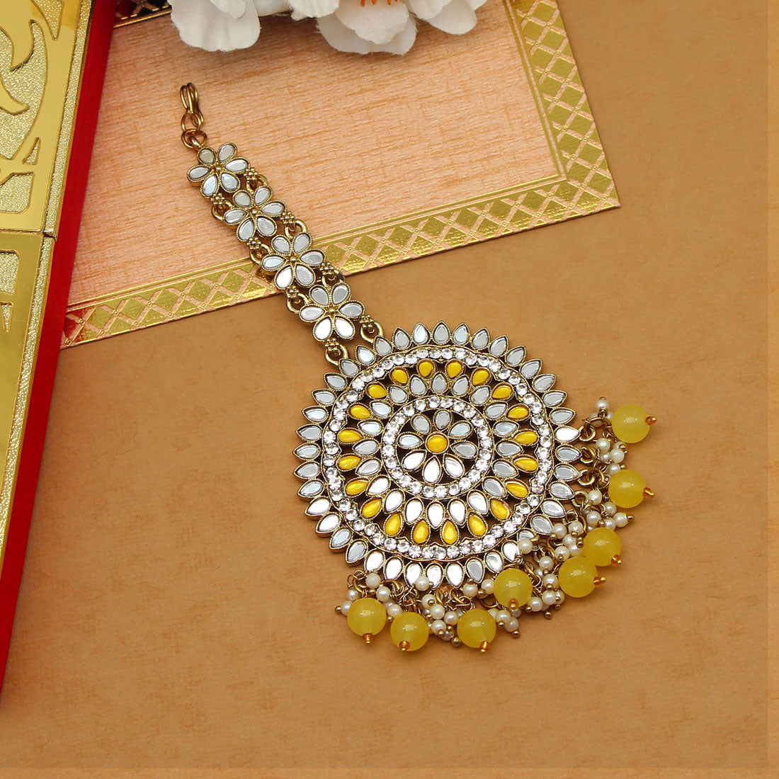 yellow color mirror work maang tikka (mtk540ylw)