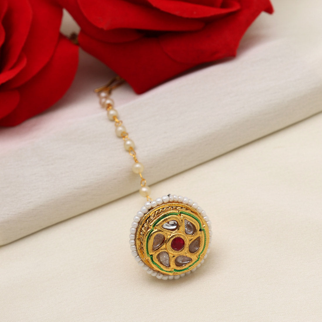 maroon & green color kundan meena borla tikka (mtk544mg)