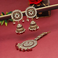 Thumbnail for maroon color mirror kundan earrings with maang tikka (mtke460mrn)