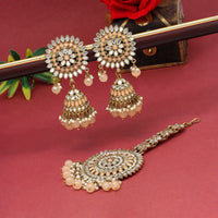 Thumbnail for peach color mirror kundan earrings with maang tikka (mtke460pch)